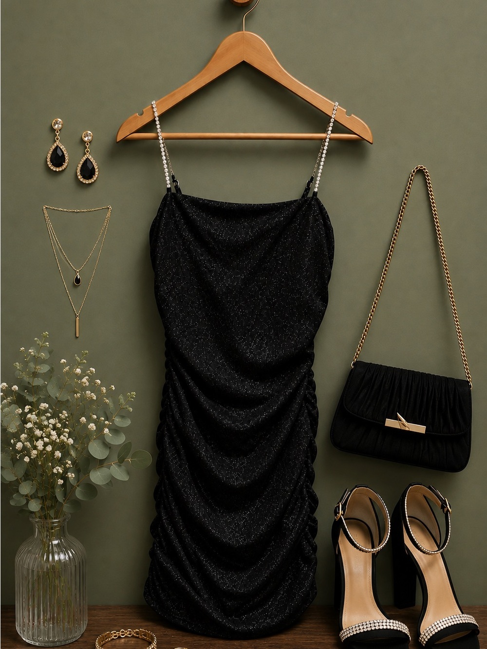 Windsor Black Sparkle Ruched Mini Dress – Size S – NWT